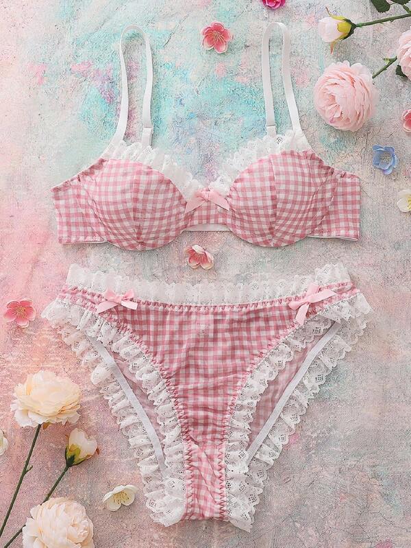 FloralLove 2pcs Pink Plaid Floral Lace Ruffle Trim Underwire Padded Bra And Bloomer Cute Kawaii Lolita Lingerie Set
