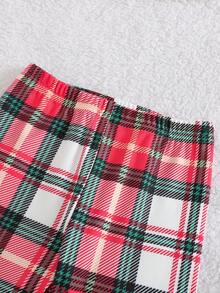 Conjunto de ropa de estar en casa con blusa de manga larga roja y leggings a cuadros clásicos para niñas - Multicolor - Ver 8