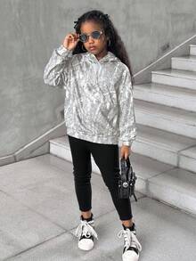 SHEIN 2 件套 Tween Girls 树叶印花连帽衫和黑色紧身裤套装，宽松舒适的休闲街头服饰，适合日常穿着和返校穿着 - 白色 - 查看 4