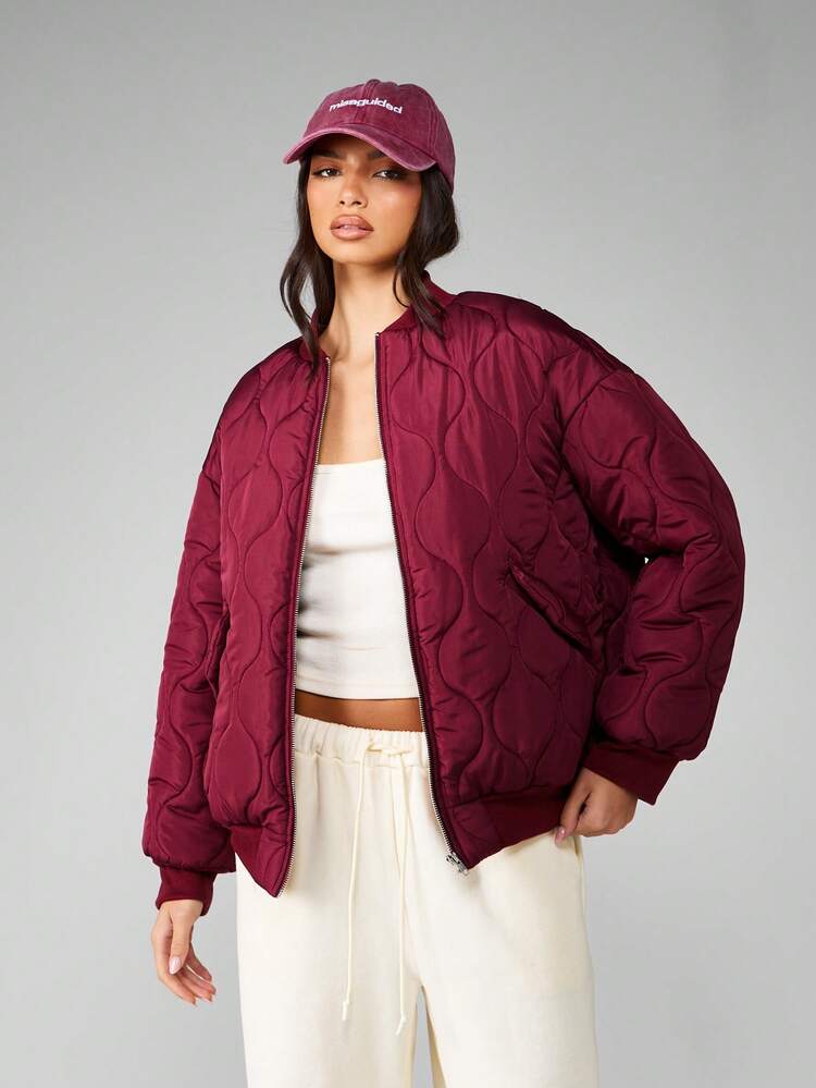 MISSGUIDED Boxy Fit Quilted Bomber Winter Jacket Puffer Casual Outerwear Reversible Padded With Ribbed Collar Cuffs Zipper Front Closure Warm Elegant Autumn Christmas