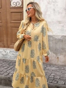 Brillora 女士V领泡泡袖飘逸休闲印花连衣裙，适合外出度假 - 黃色 - 查看 3