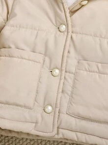 SHEIN 1 件女婴绗缝厚夹克，0-3 岁，加厚蓬松，连帽设计，触感柔软，纽扣闭合，适合户外活动和家庭聚会，适合春秋季 - 杏色 - 查看 3