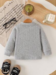 SHEIN 男婴休闲纯白色长袖纽扣领 Polo 衫，春秋季 - 灰色 - 查看 2