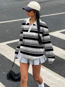 Muchica 休闲简约复古黑白条纹全印花 Polo 领半拉链女式长款 T 恤，适合秋冬季、复古、性感、可爱、Y2K、椰子女孩、波西米亚风、嬉皮士、音乐节 - 彩色 - 查看 3