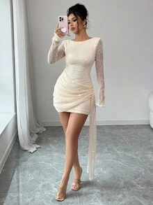Rafferiza 女式合身针织不对称下摆串珠休闲度假派对连衣裙，性感节日鸡尾酒会连衣裙 - 杏色 - 查看 4