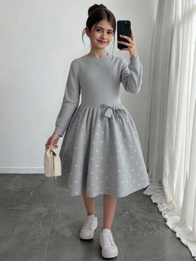 SHEIN Tween Girl Grey Jacquard Polka Dot Bow Decor Casual Crew Neck Long Sleeve Waist Cinched Knit Dress, Elegant Style Autumn Winter Clothes For Women