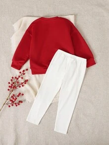 Playful Pals 2 件套年轻女孩休闲杏色圆领运动衫和罗纹打底裤套装，适合秋冬穿着、日常、派对和拍照 - 紅色 - 查看 2