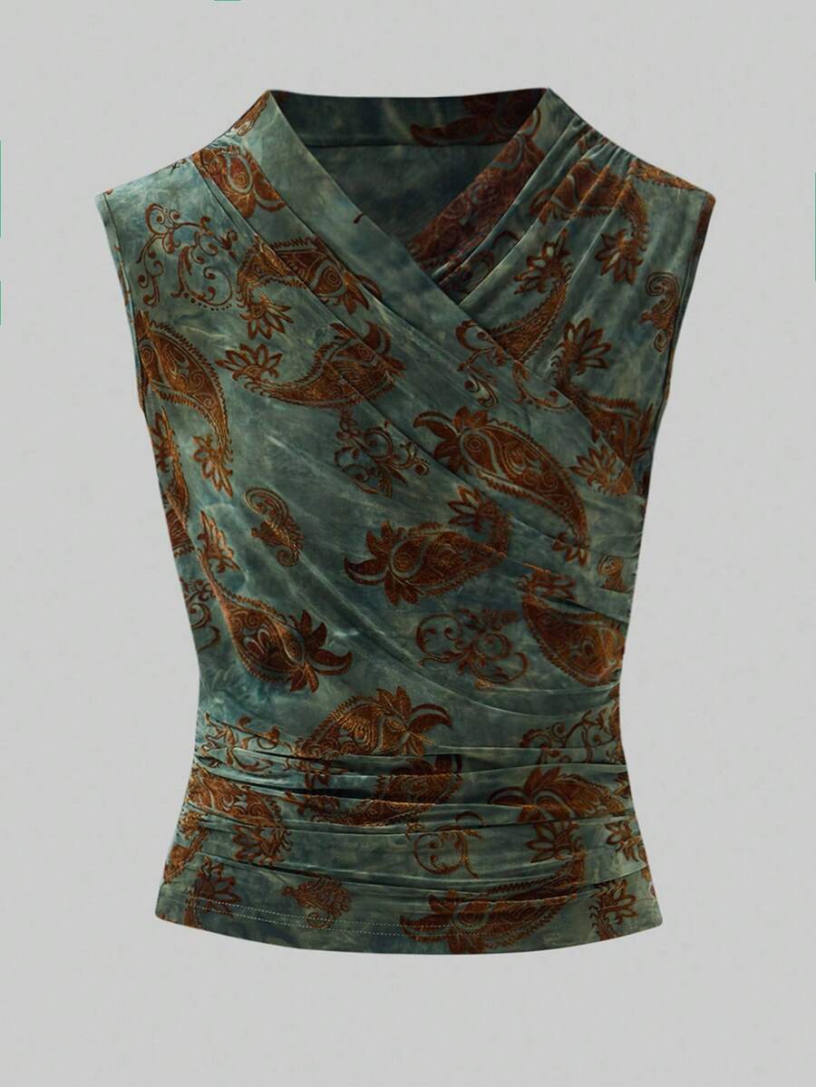 GlowEve 女式 V 领扎染花卉印花无袖休闲背心，春秋季必备分层单品 - 軍綠色 - 查看 1