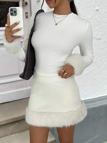 SHEIN EZwear Women's Autumn/Winter New White Plush Knitted Faux Fur Patchwork Fitted Long Sleeve Top & Skirt Elegant 2 Pieces Set - White - View 7