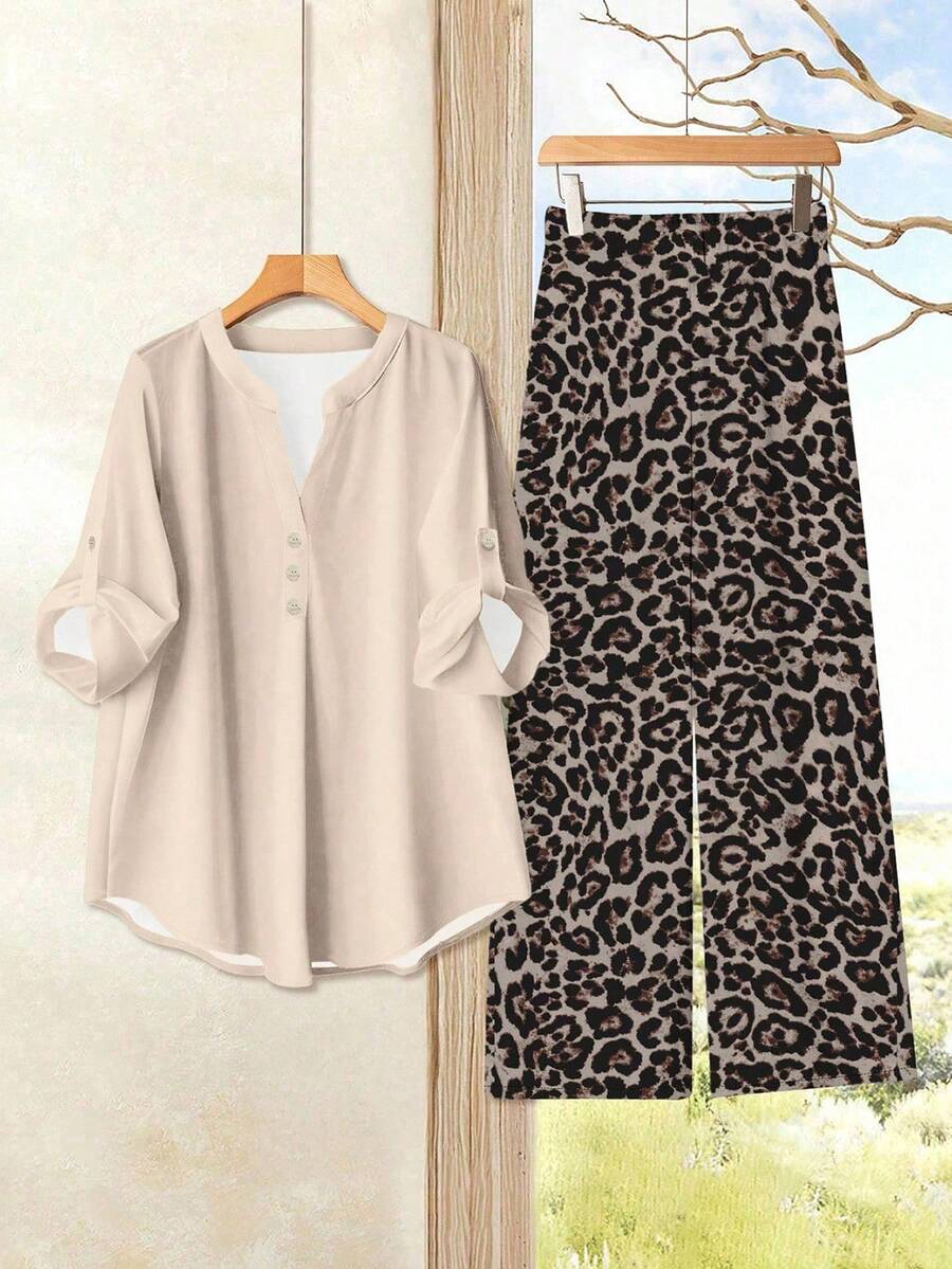 EMERY ROSE Women's Casual Solid Color Shirt And Leopard Print Pants 2 Pieces Set - Khaki - View 1