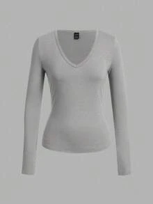 SHEIN EZwear 3 件女式深 V 领紧身休闲长袖 T 恤套装，黑色、灰色、白色，秋冬 - 彩色 - 查看 12