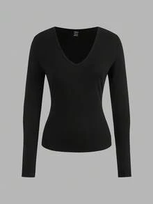 SHEIN EZwear 2 piezas Conjunto de camisetas de manga larga de corte slim con cuello en V profundo para mujer, color negro y caqui, adecuado para otoño/invierno - Multicolor - Ver 8