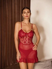 Slumberist Women's Sexy Sheer Heart Mesh Patchwork Ruffle Trim Camisole Dress With Robe Set - Burgundy - View 5