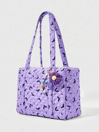 Goth Purple Bat Print Fashion Large Capacity Women's Tote Bag, Halloween, Halloween Bags Perfect For Fancy Party Matching With Halloween Costumes, Best Halloween Gifts For Women