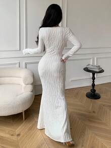 Celisse Damen Strukturiertes Strickkleid mit quadratischem Ausschnitt, Langarm, taillierter Taille und Meerjungfrau-Saum, elegant-Lässig, Herbst/Winter