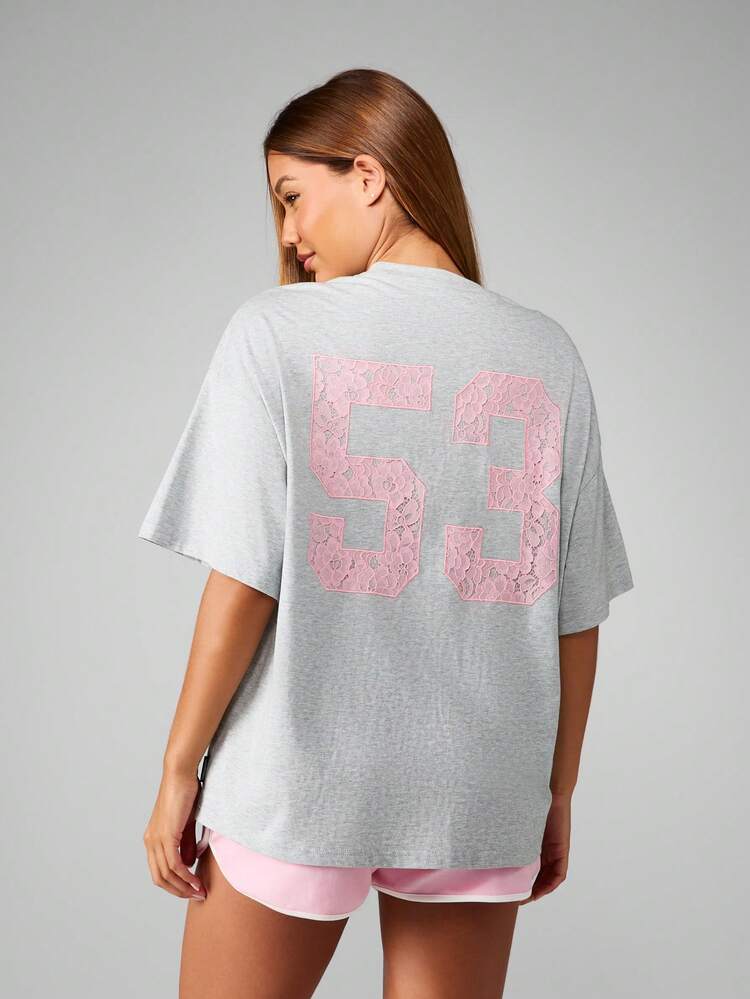 Missguided x Playboy Oversized Graphic T-Shirt With Lace Applique Number Short Sleeve Casual Summer Streetwear College Aesthetic Cotton Blend Top