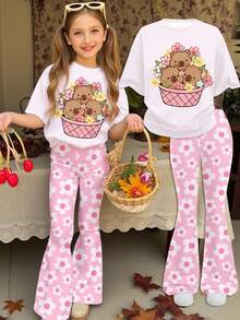 SHEIN Set de 2 piezas con parte superior de manga corta y pantalones con estampado lindo de capibara rosa para niña preadolescente, estilo minimalista casual, adecuado para verano, todo el año, ropa urbana retro, atuendos de verano, ropa casual cómoda, ropa de niños de varias capas para otoño, ropa de moda para niños, camisetas gráficas para niños, atuendo de otoño, estilo de los 2000, moda Y2K, estilo coreano