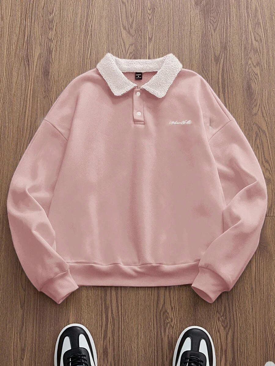 Manfinity Unisex 男士针织休闲宽松长袖卫衣，时尚日常穿着，秋冬季，情侣装 - 淺粉色 - 查看 1