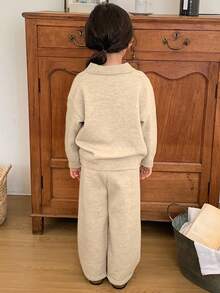 Dazy Kids Young Girl Solid Color Drop Shoulder Long Sleeve Sweater And Drawstring Waist Knit Pants Casual Suit, Autumn - Apricot - View 4
