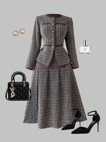 SHEIN MOD Plus Size 2-Piece Women's Tweed Color-Blocked Button Set, Long Skirt Suit, Women's Solid Color Long-Sleeved Single-Breasted Elegant Tweed Blazer, Autumn And Winter Clothes, Polished Silver Button Dec, Tweed Two Piece Set, Office Outfits For Women Set, Tweed Dresses For Women, Classic Outfits For Women,