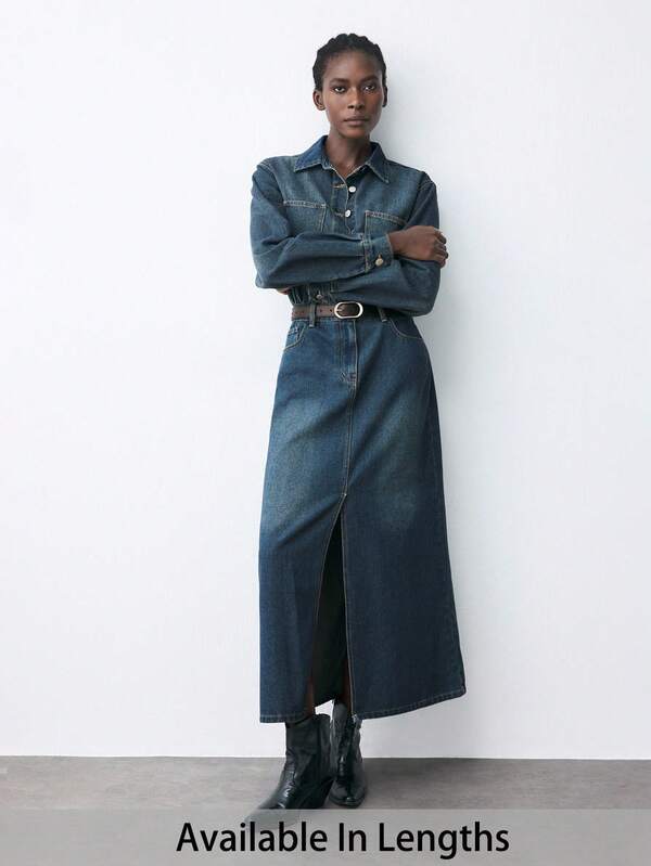 SHEIN Tall CURVE Plus Size Casual Washed Front Button Split Maxi Denim Dress