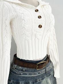 Flirla Women's Casual Versatile Twist Knit Button Half-Zip Hooded Sweater, Autumn/Winter - White - View 3