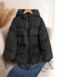 SHEIN CURVE+ 秋冬大码女款黑色连帽加厚棉服