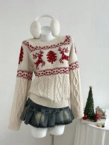 Elamini Christmas Deer Jacquard Pattern Women Sweater - Multicolor - View 3