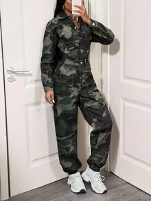 SHEIN Tall Women's Casual Versatile Drawstring Sexy Camouflage Denim Jumpsuit And Overalls - Multicolor - View 6