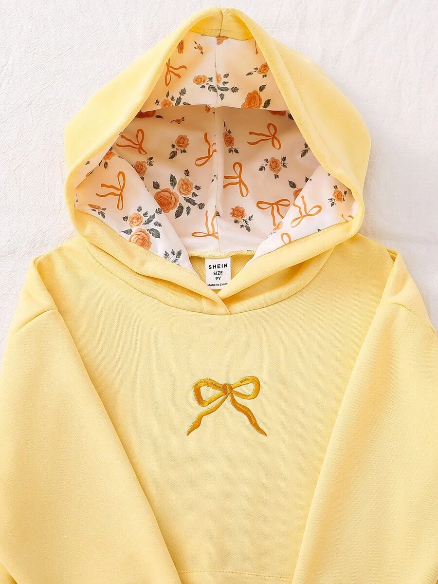 Tween Girl Casual Cute Pink Bow Embroidered Sweatshirt - Yellow - View 1