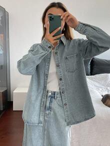 DAZY 女士牛仔衬衫领衬衫和长款直筒牛仔裙优雅都市休闲牛仔套装 - 淺色水洗藍 - 查看 3