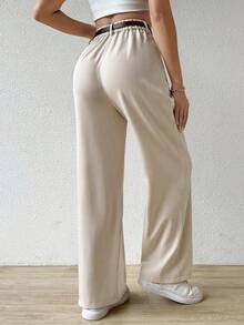 SHEIN EZwear Pantalon droit décontracté pour femme avec ceinture de taille - Beige - Voir 2
