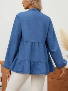 SHEIN Maternity Solid Color Notched Neck Ruffle Hem Long Sleeve Denim Blouse - Blue - View 2