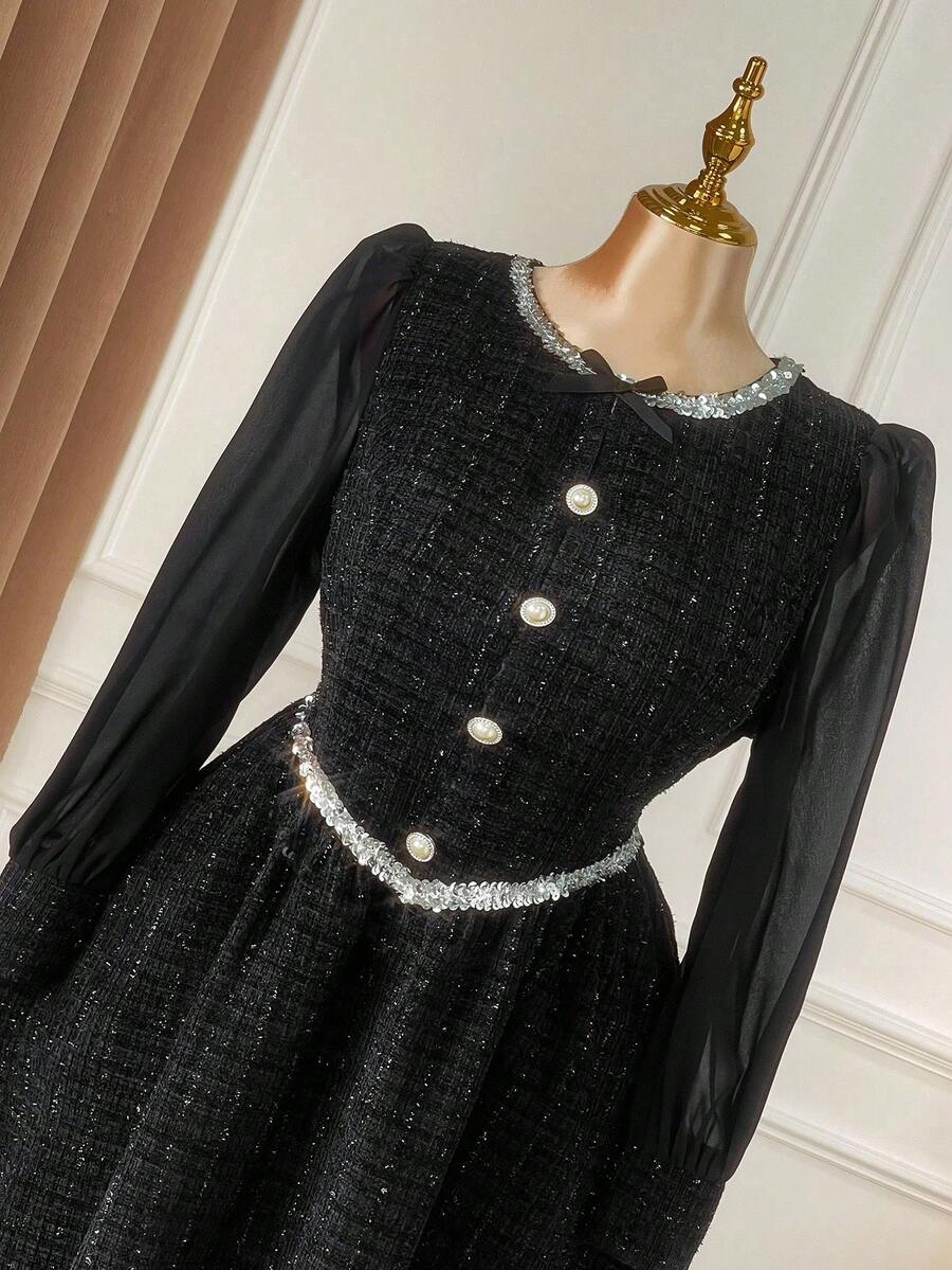 SHEIN Clasi Christmas Plus Size Women Black Autumn Elegant Formal Evening Vintage French Chic Sequins Ribbon Bowknot Button Knee-Length Dress,Halloween Costume - Black - View 1