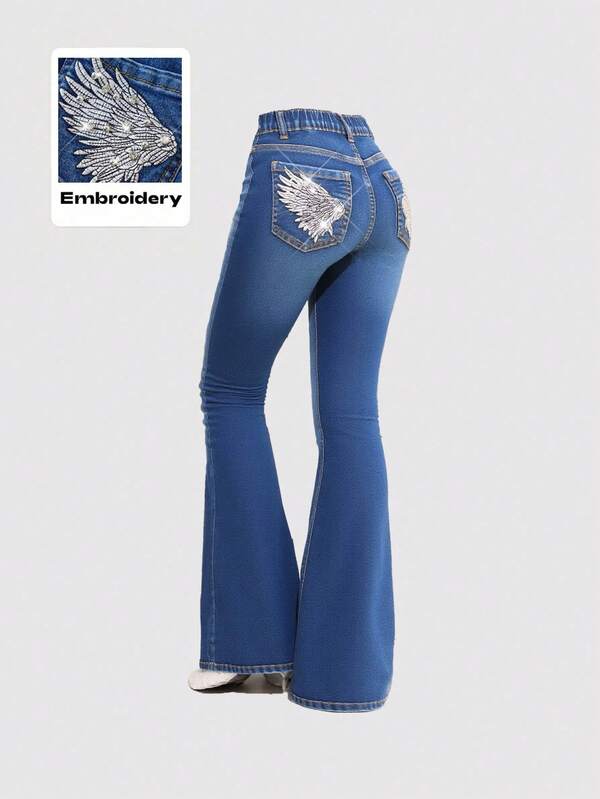 Girlism Tween Girls Fashion Casual Y2k Vintage Cool Street Returns To School College Sparkling Three-Dimensional Diamond-Encrusted Wing Embroidery Patterns Deep Blue Denim Stretch Snug Fit Flared Jeans Clothes Twwen Girls Costume Dailywear Winter And Fall Rave Outfits Festival And Outfits Streetwear School Clothes Girls Flare Jeans With Rhinestones Bootcut Jeans For Girls Jeans With Rhinestone Wings