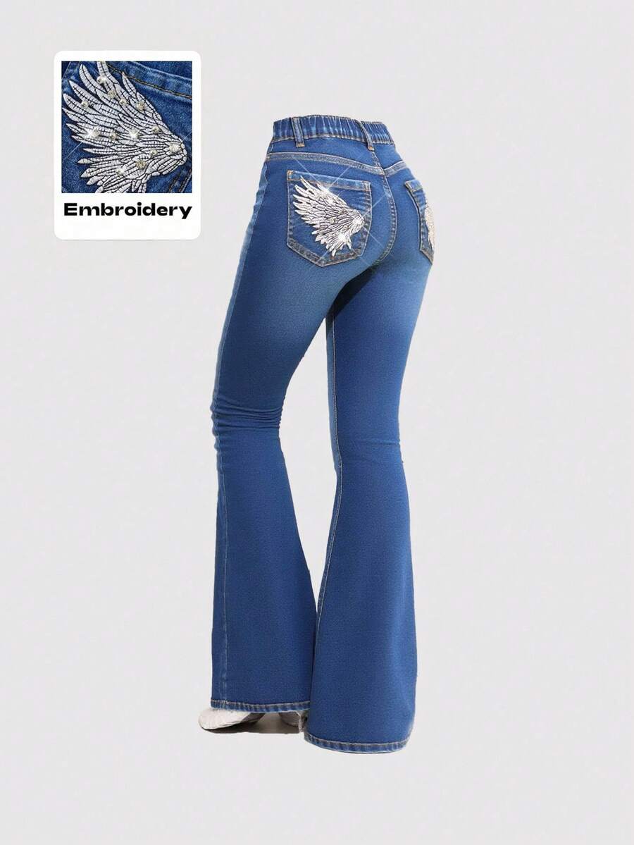 Girlism 少女时尚休闲 Y2K 复古酷炫街头风,重返校园学院风,闪耀立体钻石镶嵌翅膀刺绣图案,深蓝色牛仔弹力修身喇叭裤,柔软日常穿着,秋冬锐舞节和街头风,镶钻喇叭裤,靴型裤,镶钻翅膀 - 藍色 - 查看 1
