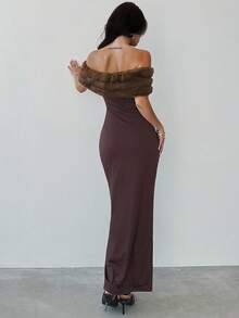 Firerie 女士深咖啡色露肩毛领拼布腰部修身长裙，性感优雅，适合宴会、派对、春/秋/冬，适合正式场合、通勤、约会、派对、婚礼、毕业典礼、表演、音乐会、工作、返校、年会、女性生日 - 咖啡棕 - 查看 8