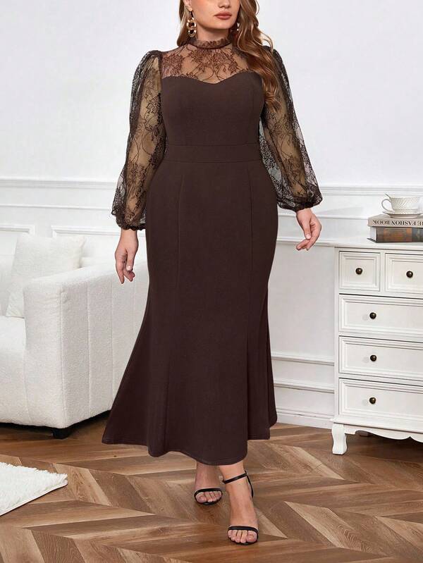 SHEIN Privé Plus Size Elegant Lace Patchwork Long Sleeve Dress