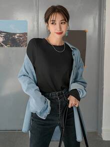 DAZY 女士圆领纯色休闲宽松基础款长袖T恤 - 黑色 - 查看 5