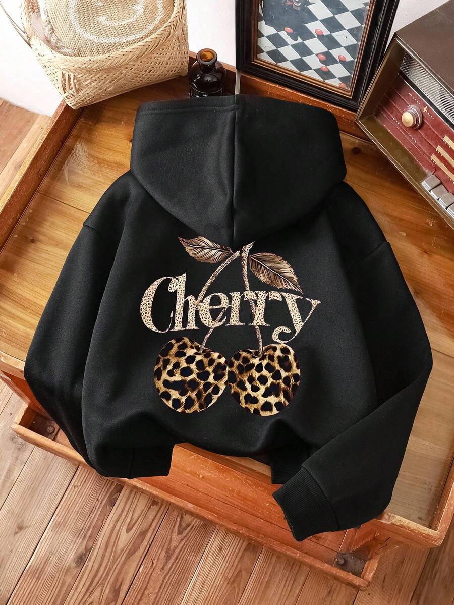 Sparklyn Teen Girl Casual Fashion Creative Fresh Minimalist Leopard, Cherry, Fruit Pattern Printed Sweatshirt, Suitable For Autumn - Black - View 1