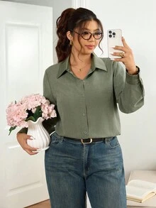 Lounesse Plus Size Satin Collar Basic Open Front Shirt, Casual & Minimalist Style, Suitable For Office, Commute And Everyday Wear - Green - View 6