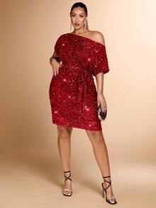 SHEIN BAE Plus Size Fall And Winter Elegant Party Sexy Woman Asymmetrical Off-Shoulder Black Glitter Sequin Waist Tie Bow Knee-Length Dress Suitable For Party Wear Fall Women Outfits Fall Clothes Holiday Dress Elegant Dress Thanksgiving Women Outfit Thanksgiving Outfit Christmas Party Dress Christmas Dress Thanksgiving Dress New Years Dress New Year Eve Dress,Birthday Dresses For Women Red Sequin Dress