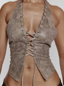 MUSERA 仿皮系带镂空露背吊带上衣，性感迷人，适合外出、夜生活、可爱街头风、度假、优雅、春夏节日等各种场合。 - 紫色 - 查看 6