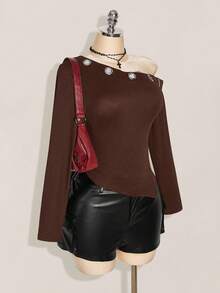 SHEIN ICON 大码斜肩金属扣眼装饰针织长袖上衣，秋季Y2K复古时尚针织毛衣 - 棕色 - 查看 4