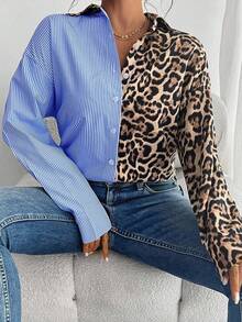 EMERY ROSE 秋季法式优雅豹纹拼色条纹宽松休闲长袖衬衫女士衬衫 - 藍色 - 查看 4