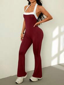 SHEIN PETITE Bộ đồ liền thân đơn giản, chắp vá màu trơn dành cho nữ, mặc thường ngày - Màu Đỏ Sâu - Xem 3