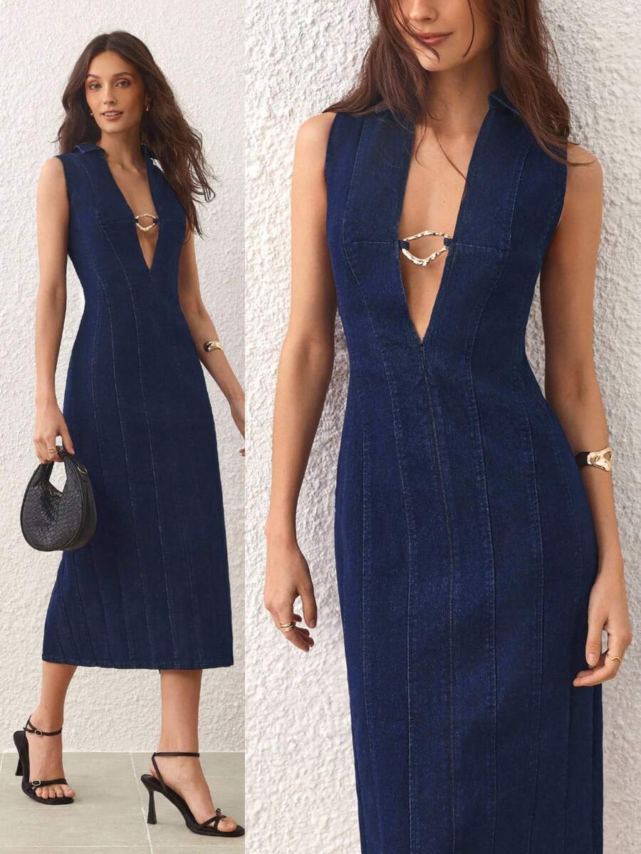 SHEIN Essnce 女式性感无袖深V金属装饰牛仔连衣裙 - 藍色 - 查看 1
