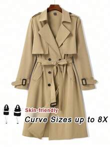 SHEIN CURVE+ Oversized Lapel Double-Breasted Design Waist Belt Cinched Waist Mid-Length Casual Trench Coat