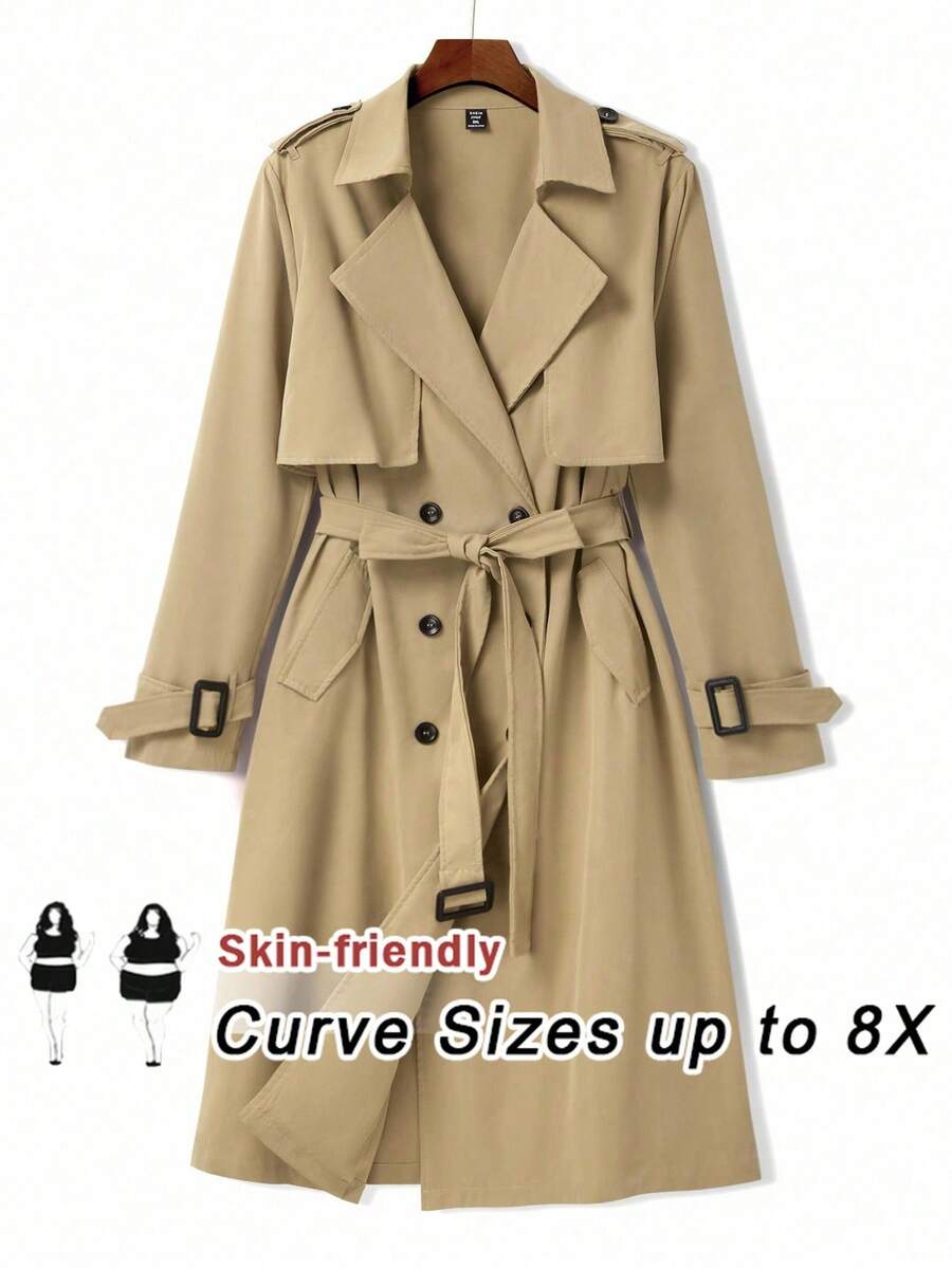 SHEIN CURVE+ Oversized Lapel Double-Breasted Design Waist Belt Cinched Waist Mid-Length Casual Trench Coat