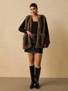 SHEIN VCAY Plus Size Elegant Dual-Tone Faux Fur Vest Jacket For Women, With Pockets, Autumn/Winter